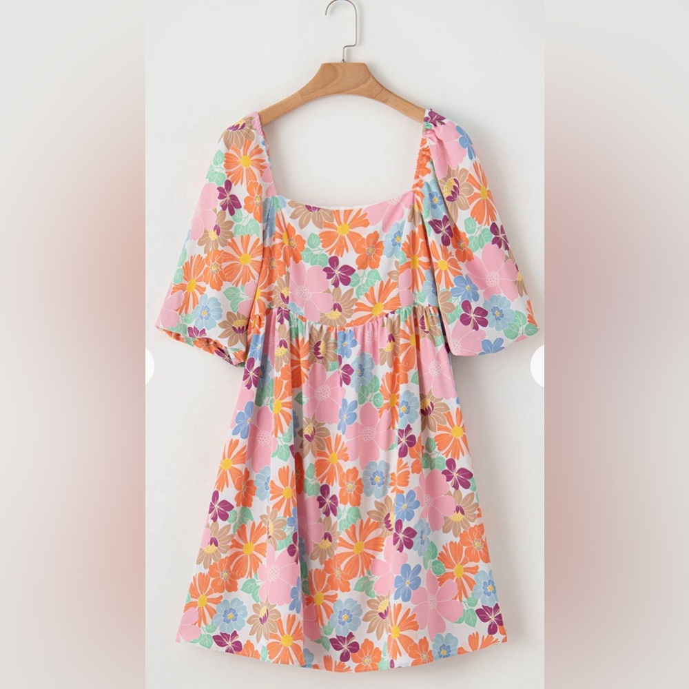 Retro Floral Babydoll Mini Dress Pink Orange Cottagecore Puff Sleeve Spring